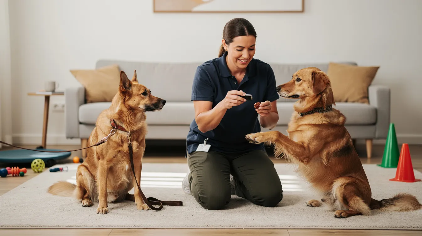 The image depicts a dog trainer using a clicker during a training session with a dog, showcasing the use of positive reinforcement to encourage desired behaviors. The scene highlights the precise timing of the clicker, which marks the exact moment the dog performs the correct action, illustrating how clicker training helps in teaching new behaviors effectively.