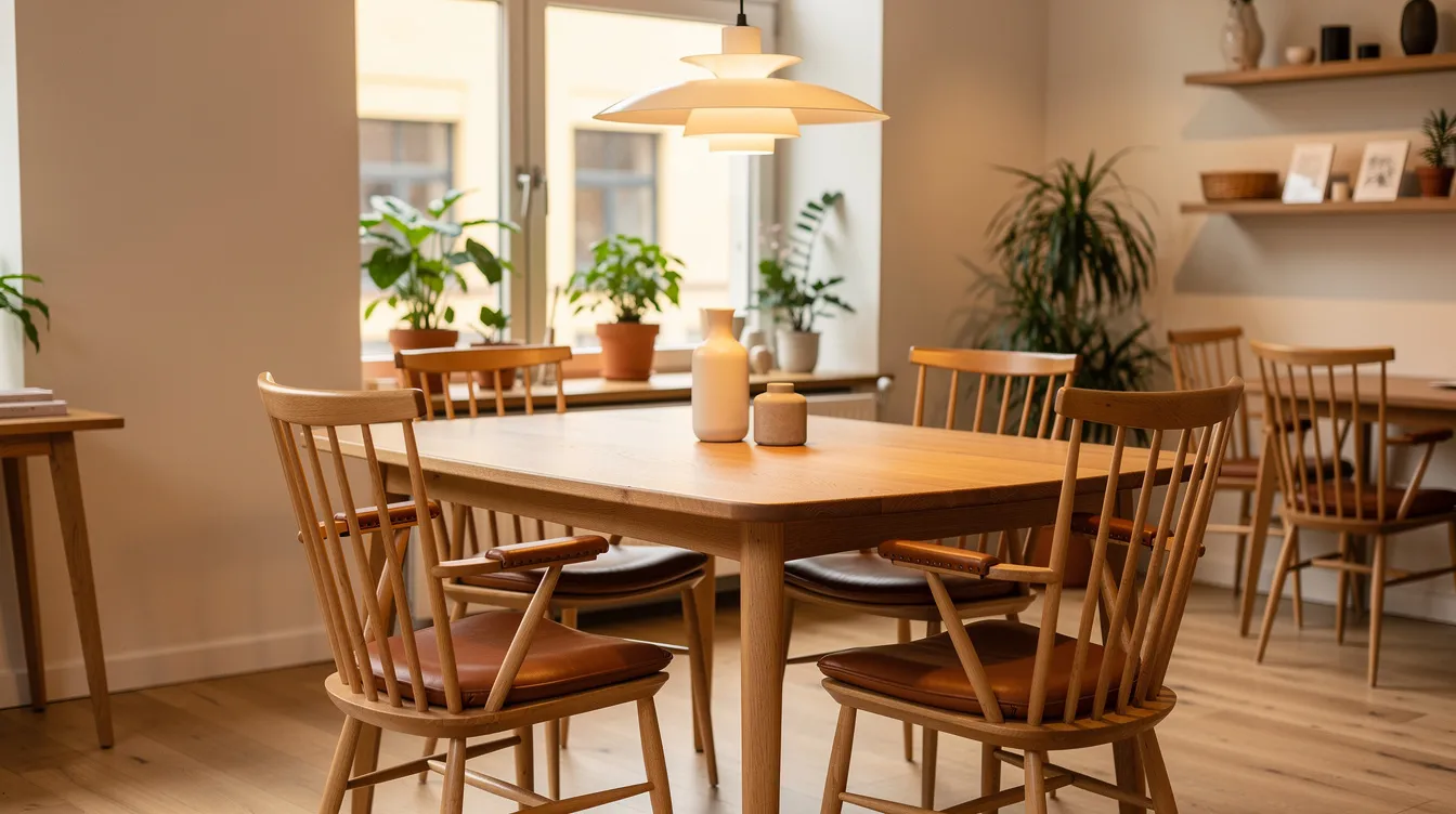 Ett mysigt showroom som liknar ett designkafé, med pinnstolar och läderarmstöd runt ett matbord i massiv ek. Ovanför bordet hänger en stilren pendellampa, vilket skapar en inspirerande atmosfär för den som alltid söker efter möbler hos oss.