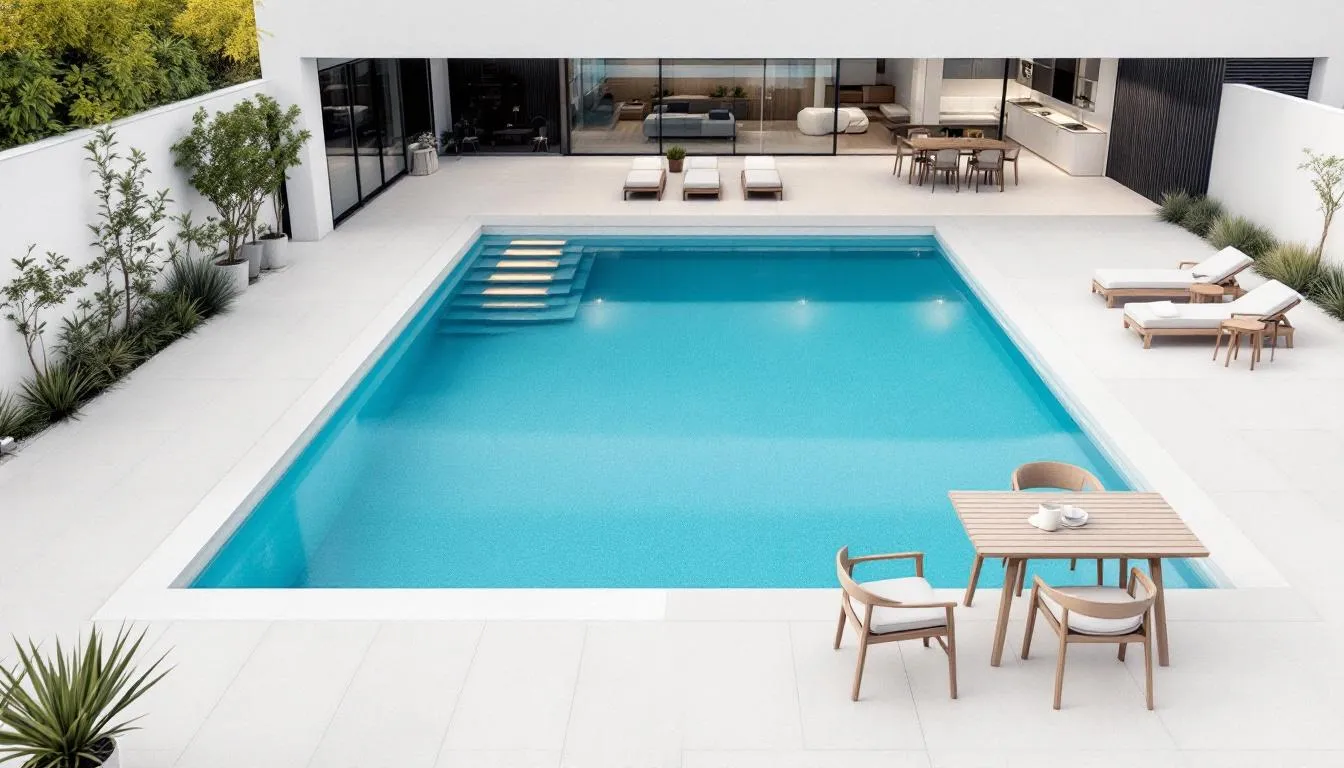 A beautifully designed outdoor living space featuring a swimming pool, perfect for residential projects.