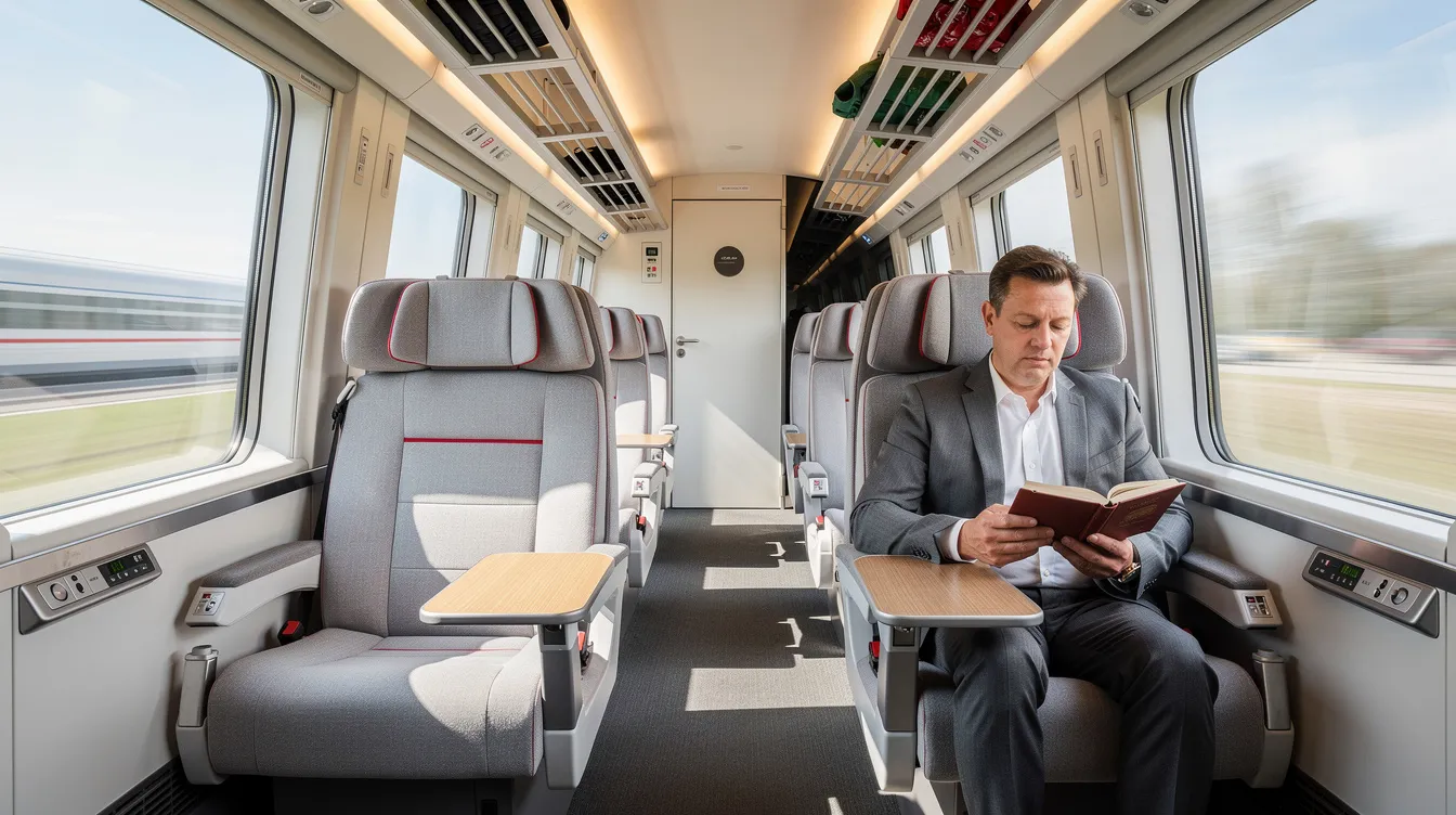 The image depicts the interior of a spacious first-class ICE train cabin featuring wide, comfortable seats and large windows, with a passenger engrossed in reading. This luxurious setting is ideal for long-distance journeys on the German rail network, providing a perfect atmosphere for relaxation while traveling on intercity trains.