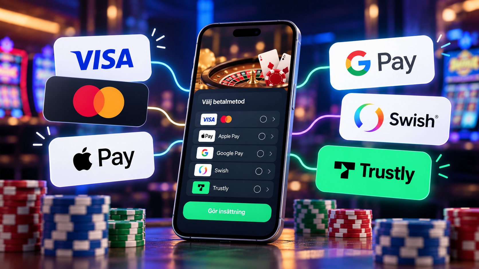 Mobil som visar hur spelare kan använda Visa, Mastercard, Apple Pay, Google Pay, Swish och Trustly på casino.