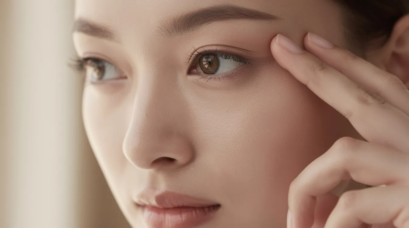 A close-up image shows a woman gently touching the tear trough area beneath her eye, illuminated by soft natural lighting. This moment captures her focus on the under eye area, which may be undergoing a tear trough filler treatment to address dark circles and reduce swelling.