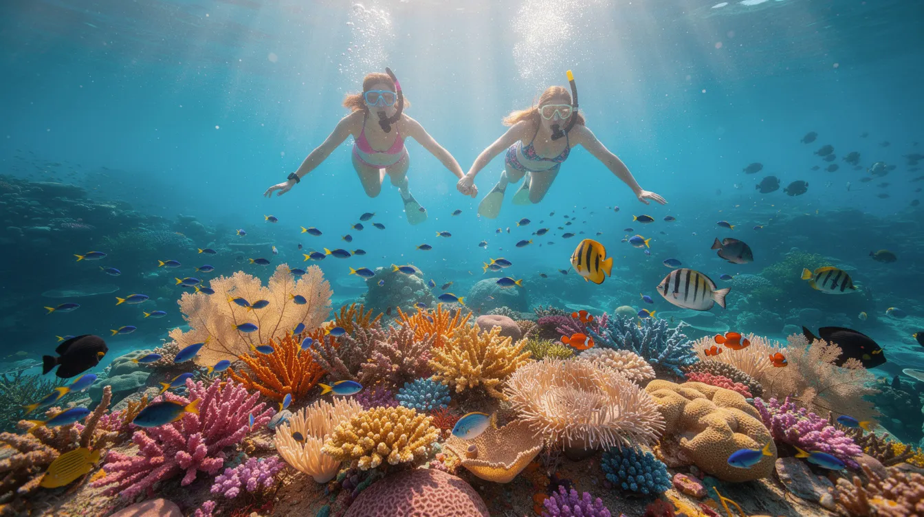 A group of snorkelers is swimming above a vibrant coral reef, surrounded by schools of tropical fish in the clear turquoise waters of the Caribbean Sea. This scene captures the natural beauty and adventure opportunities available during a Cancun vacation, highlighting the region's rich marine life and stunning underwater landscapes.