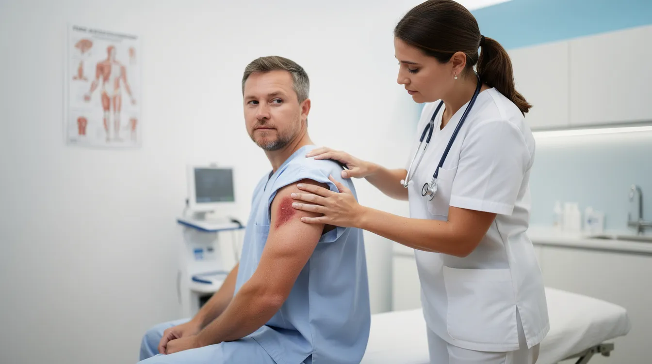 A medical professional is examining a patient's injured shoulder in a clinical setting, focusing on assessing the injury and discussing potential medical treatment options. This scene highlights the importance of proper care for injured workers, particularly in relation to workers compensation benefits and ensuring the patient receives the necessary support for their recovery.