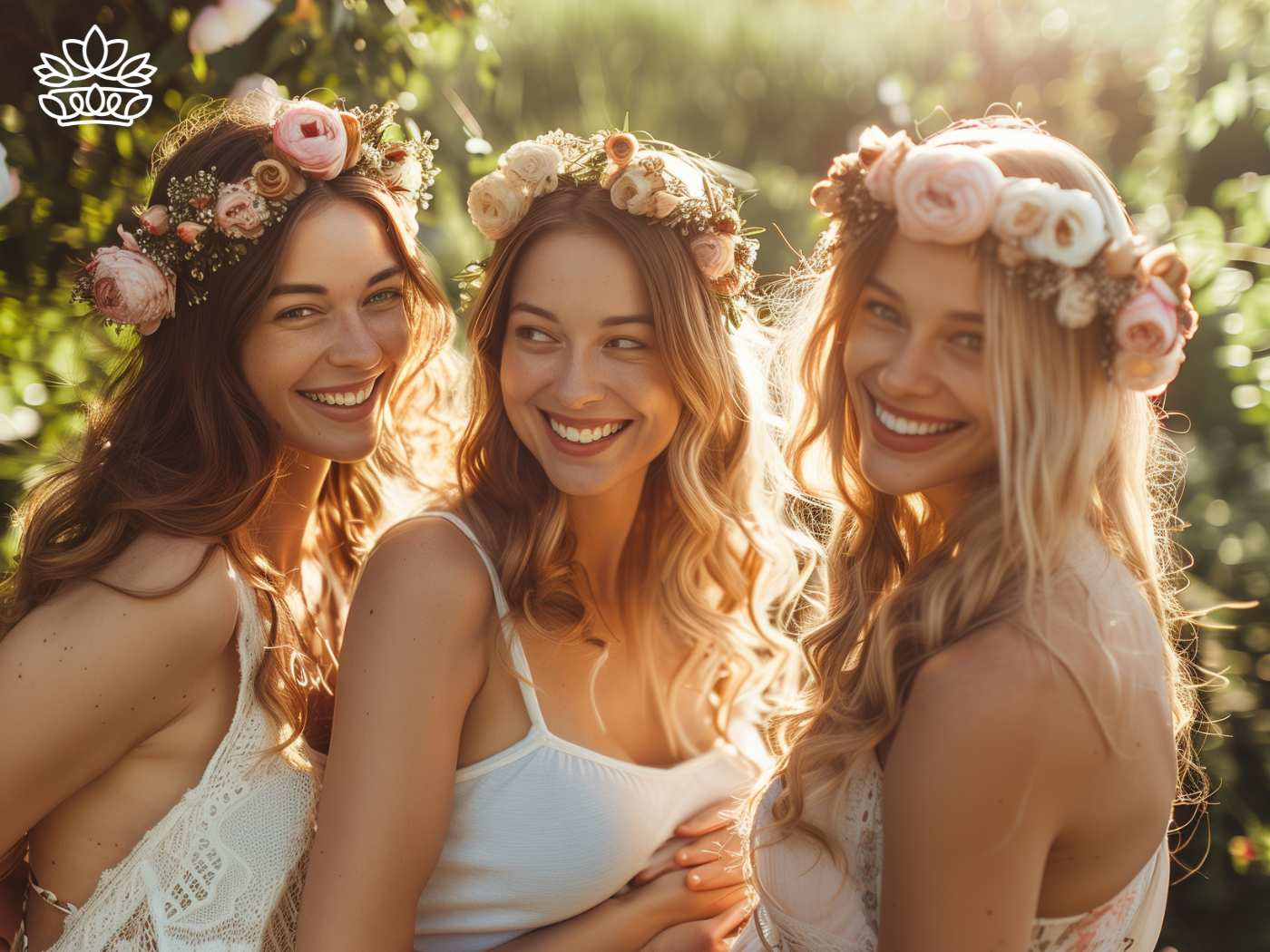 Three joyous friends with radiant smiles wearing flower crowns in a sunlit garden, a charming moment captured for Fabulous Flowers and Gifts.