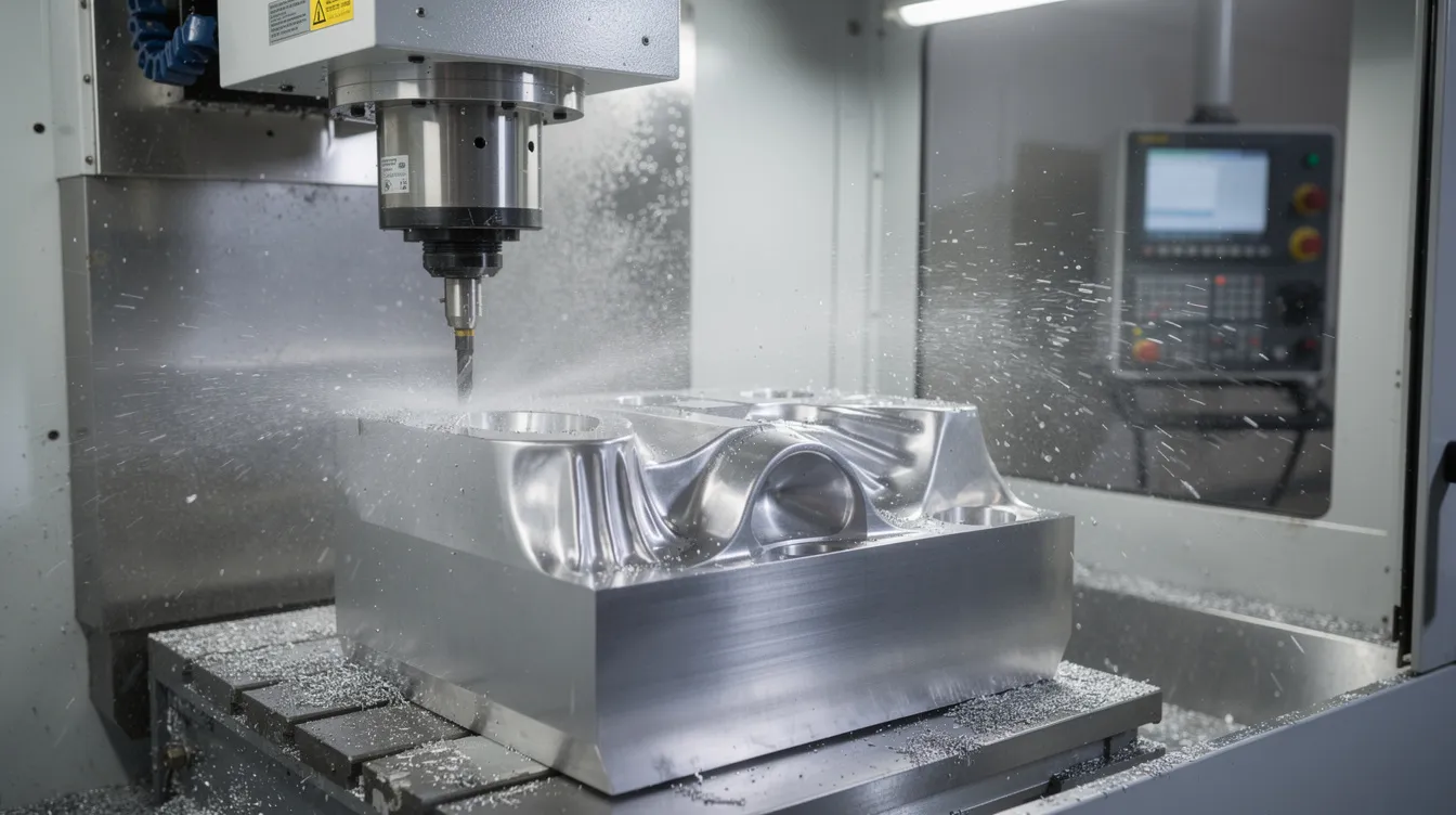 A five-axis CNC milling machine is meticulously carving a contoured aerospace part from a solid titanium block, showcasing advanced aerospace manufacturing techniques. This process highlights the precision required in aerospace CNC machining to create complex geometries and tight tolerances for critical engine components.