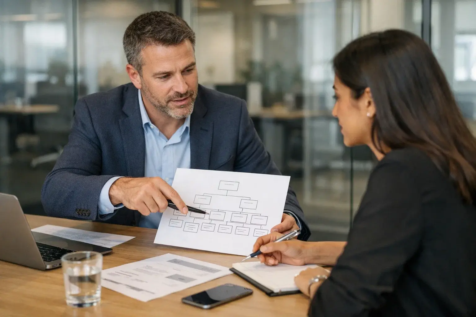 Business professionals reviewing company structure and group hierarchy in a UK office