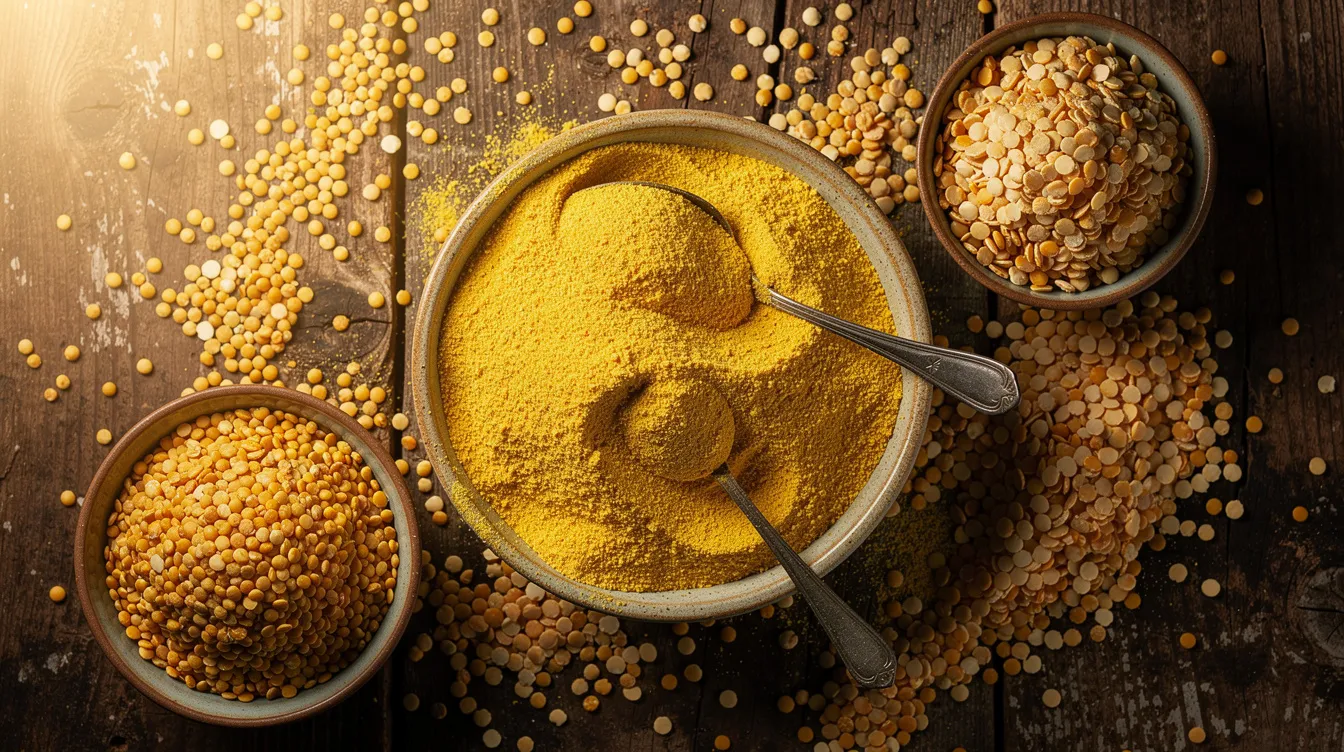 a9c10dbd 7a6d 4e88 a61a ea2f7bf779a2 The image features bowls filled with golden chickpea flour, known as besan, and whole chana dal grains, beautifully arranged on a rustic wooden surface, highlighting the raw materials essential in the food processing industry. This scene reflects the importance of quality ingredients in the production process, crucial for a company's operational efficiency and positive working capital position.