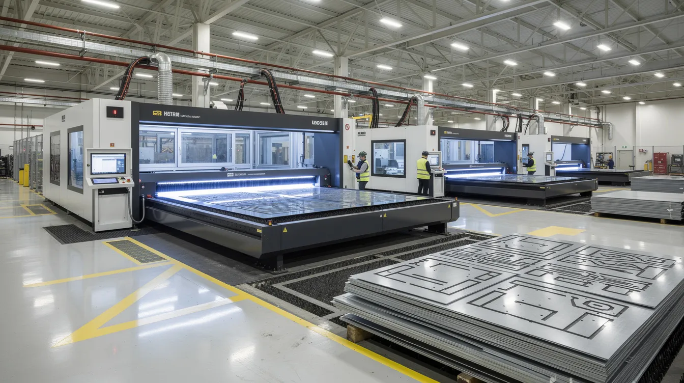 The image depicts a modern factory floor featuring advanced fiber laser cutting machines actively processing sheet metal panels, showcasing the precision and efficiency of the sheet metal fabrication process. This scene highlights the capabilities of industrial equipment used in custom sheet metal fabrication, essential for producing high-quality sheet metal parts.