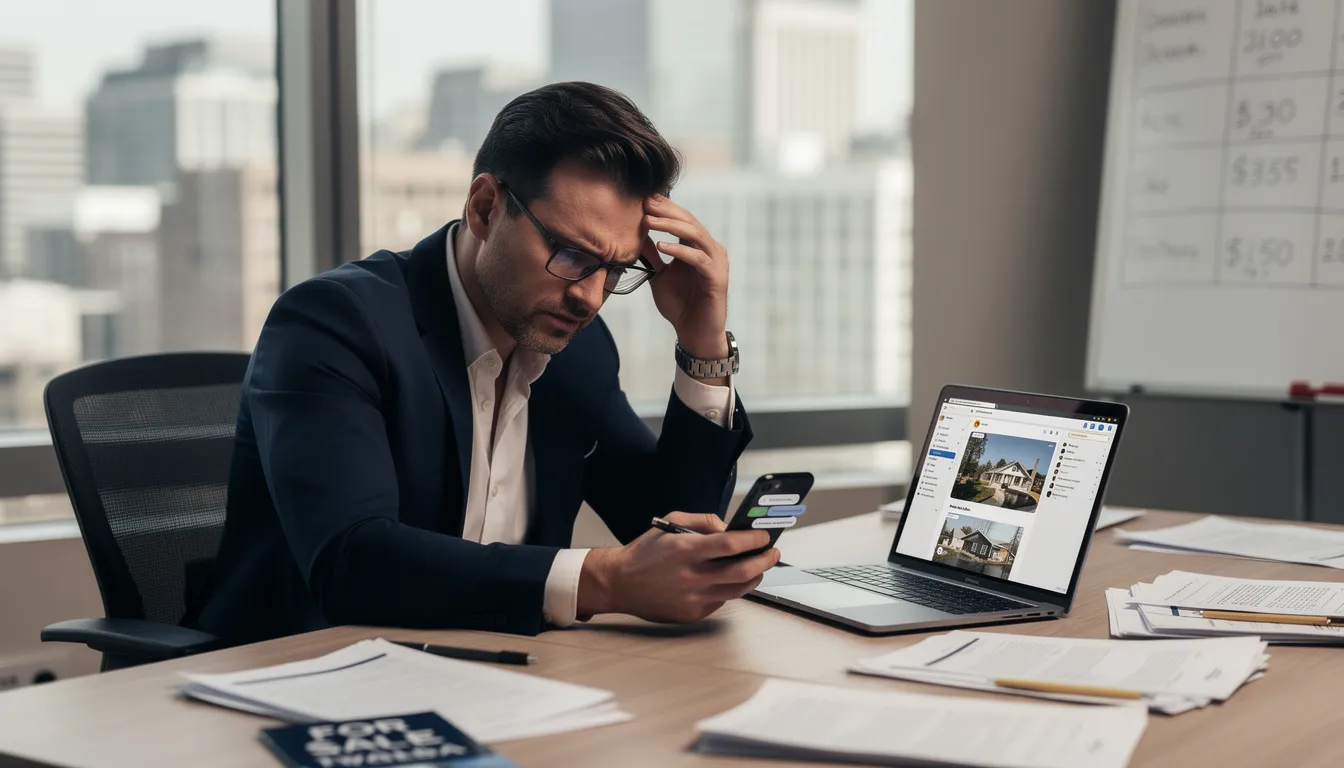 The image depicts a frustrated real estate agent sitting at a cluttered desk, surrounded by property listings and paperwork, reflecting the challenges of managing a scalable real estate business. The agent appears overwhelmed, possibly due to the demands of lead generation and the complexities of integrating data from various real estate websites.