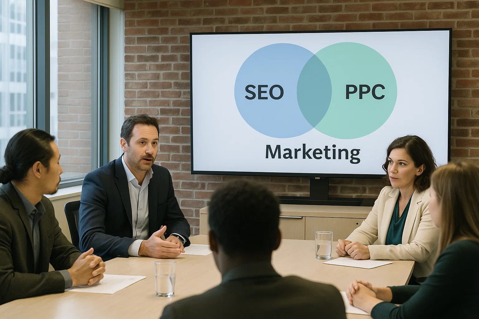 Marketing professionals reviewing a Venn diagram showing SEO and PPC overlap.