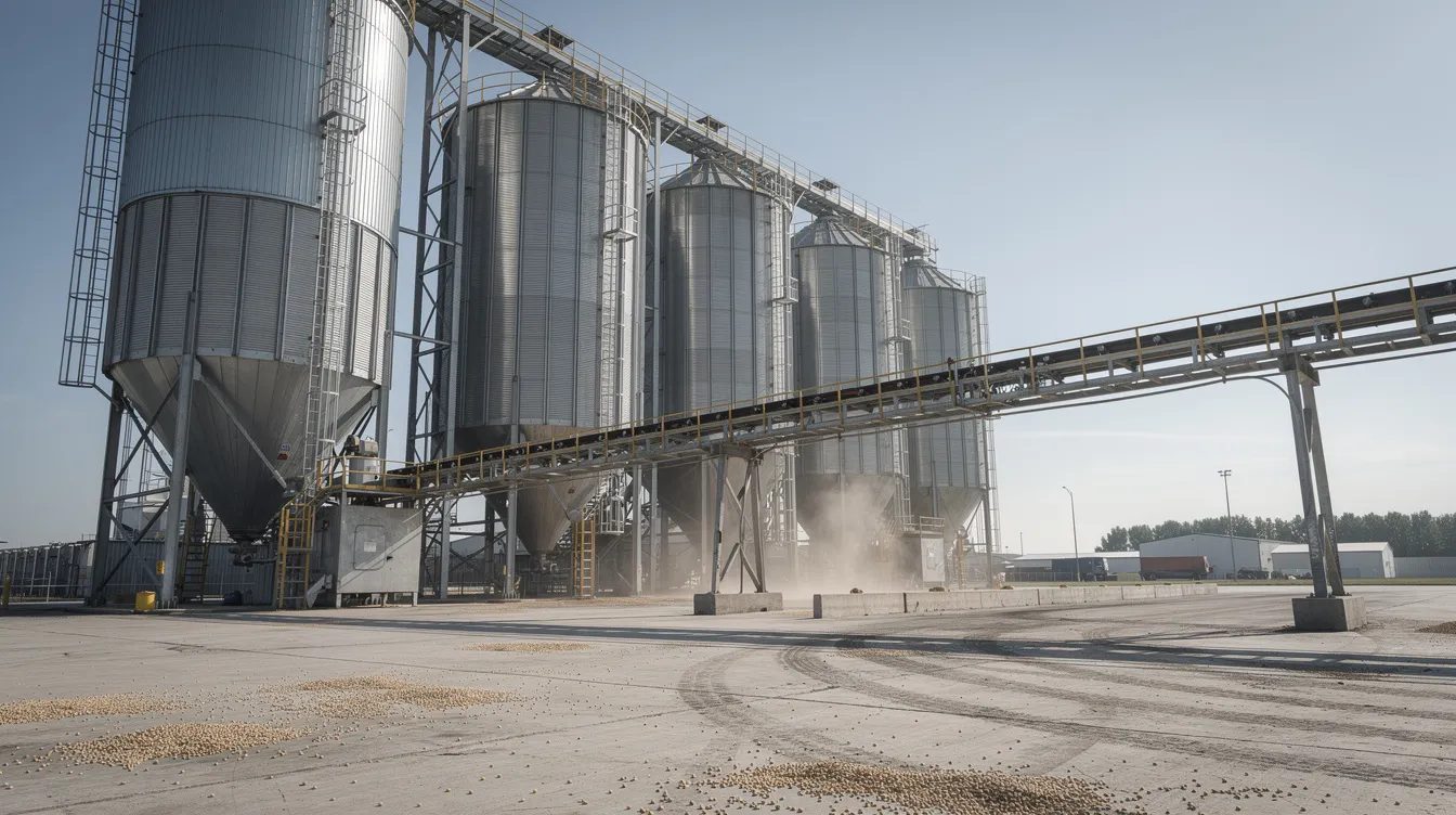 a9c45541 2aab 4c7a 9ddd a6171c13d97c The image depicts an industrial soybean processing facility featuring large silos and conveyor systems used in the soybean oil extraction process. This facility is essential for producing soybean oil and meal, which are vital components in animal feed and various agricultural applications.