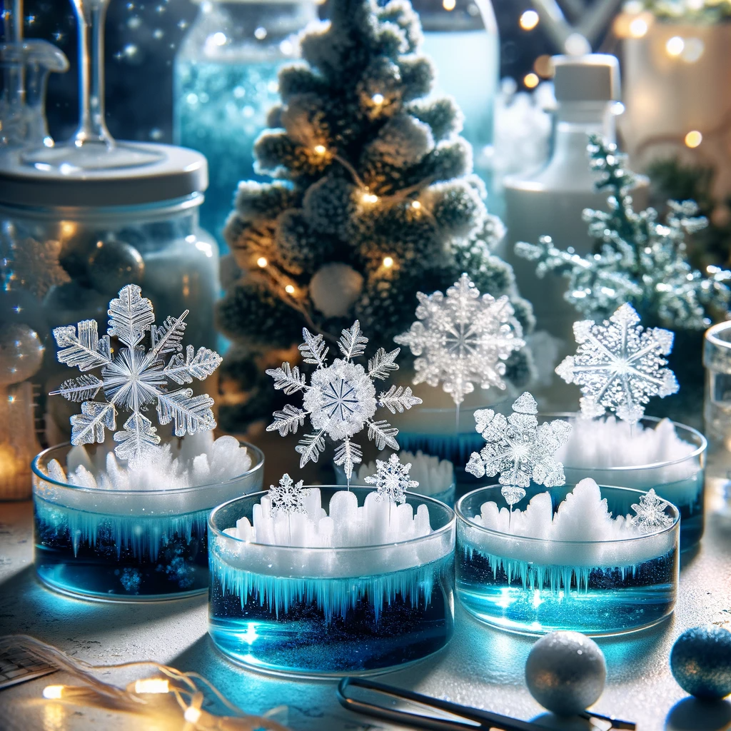 A festive christmas science experiment with growing crystal snowflakes