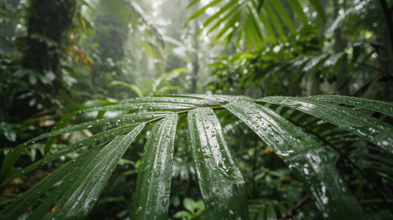 The image depicts a lush green tropical forest, where large palm leaves glisten with rain droplets, illustrating the vibrant beauty of Thailand's rainy season. This serene scene evokes the lush greenery found in northern Thailand, perfect for outdoor activities and appreciating nature's splendor.