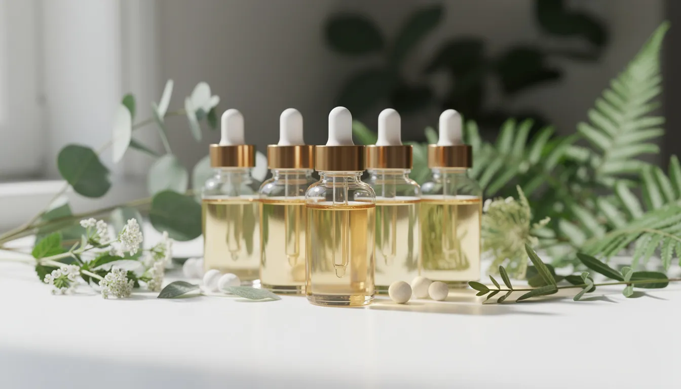 The image features elegant glass serum bottles nestled among vibrant botanical plants, showcasing a collection of natural skincare products enriched with organic ingredients. This serene arrangement highlights the beauty of plant-based oils and extracts, perfect for enhancing the skin barrier and catering to various skin types, including sensitive and acne-prone skin.
