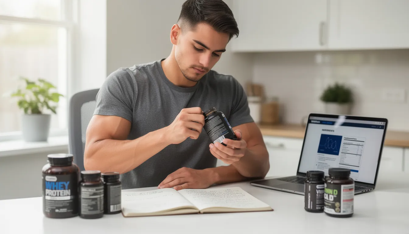 A fitness influencer is seated at a desk, intently reviewing supplement ingredients in a notebook while using a laptop, highlighting the importance of understanding private label supplements for effective branding and marketing efforts. The scene emphasizes the influencer's focus on quality and consumer preferences in the supplement manufacturing process.