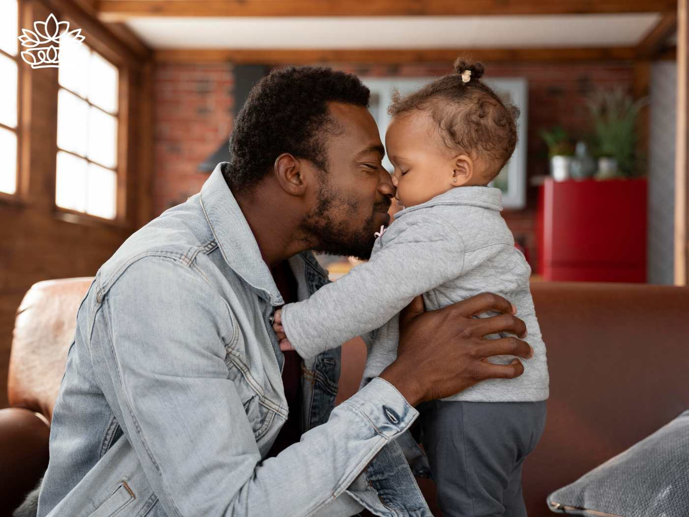 Tender moment between father and child in a cozy space with coffee, celebrated during the holiday with Fabulous Flowers and Gifts' Father's Day Collection.
