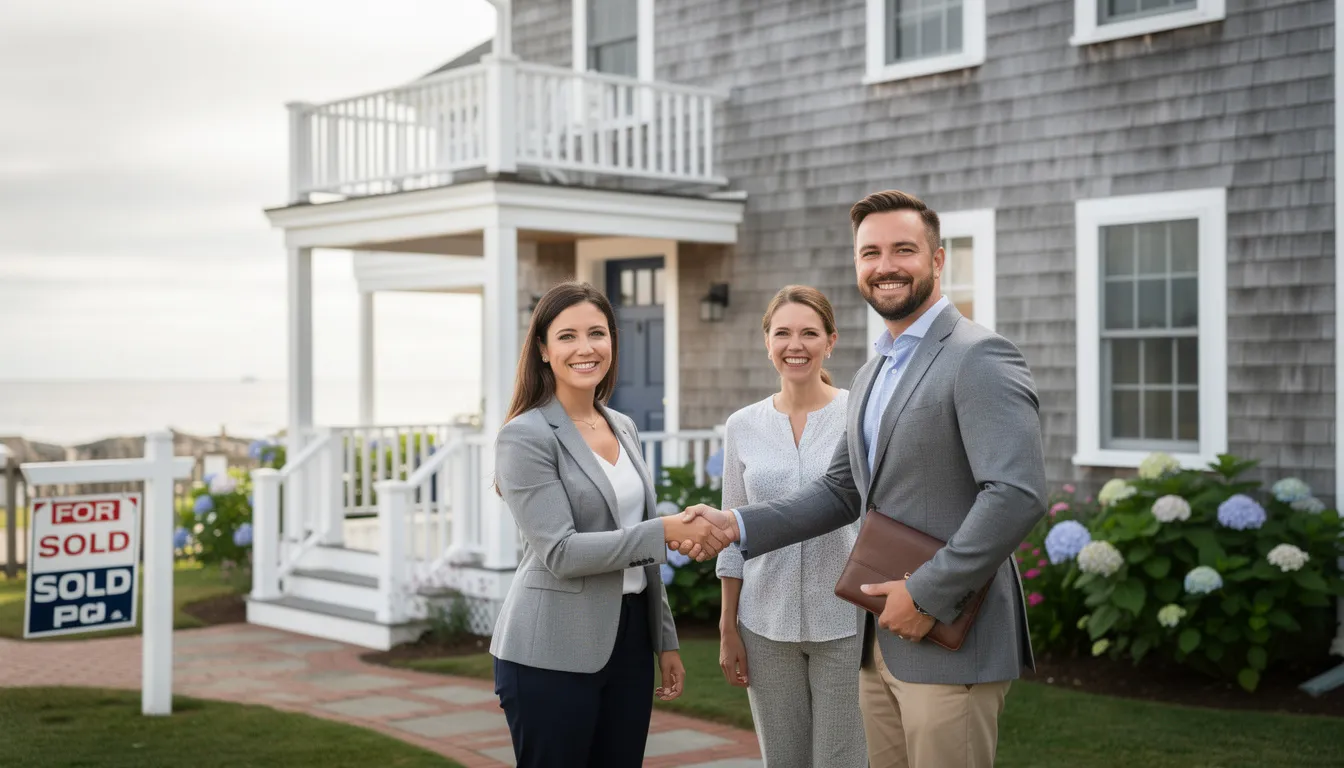A professional real estate agent confidently shakes hands with happy clients in front of a charming coastal home on the Connecticut shoreline, symbolizing successful buying and selling in the Madison and Old Saybrook areas. The scene reflects trust and teamwork in the real estate market, showcasing the agent's dedication to achieving positive results for their clients.
