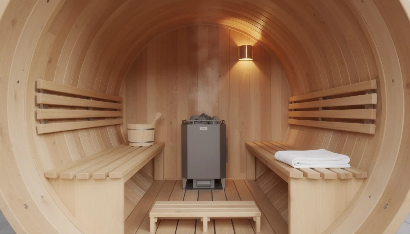 The image depicts the interior of a barrel sauna featuring elegantly curved walls and a cozy bench seating arrangement, emphasizing the unique aesthetic appeal of this cylindrical shape. This outdoor sauna design promotes heat efficiency and proper ventilation, providing an enjoyable sauna experience.