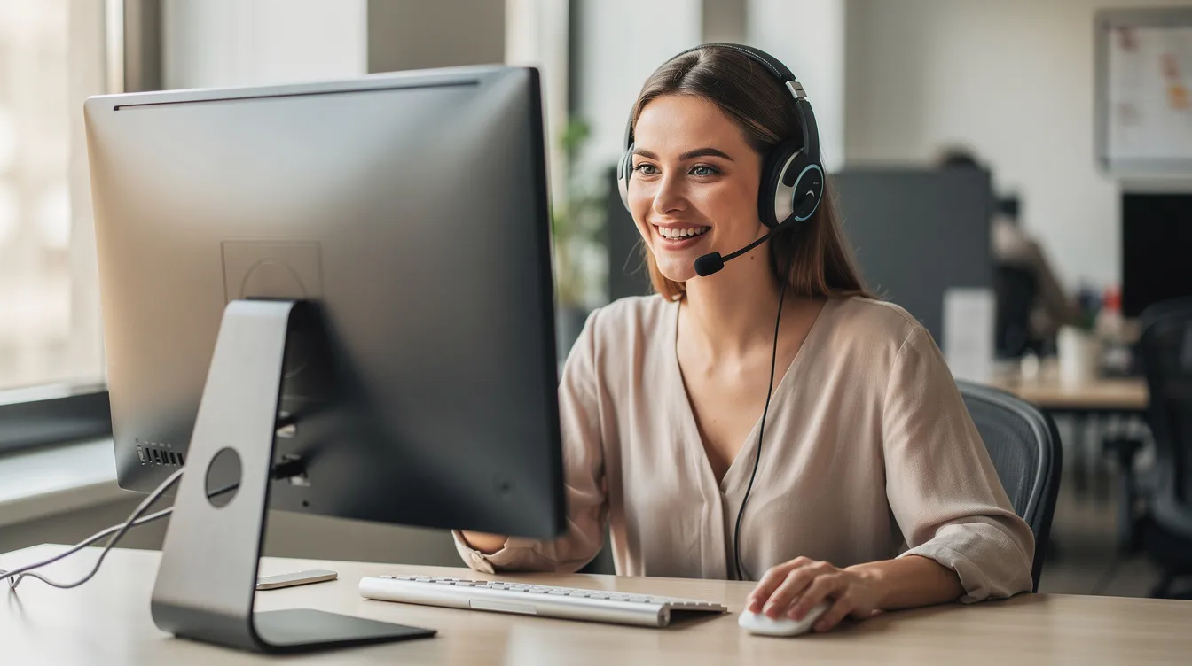 The image features a friendly customer support agent wearing a headset, smiling as they assist customers with international money transfer services on their computer screen. They are dedicated to providing information about transfer fees and exchange rates, ensuring a positive experience for users looking to send money internationally.