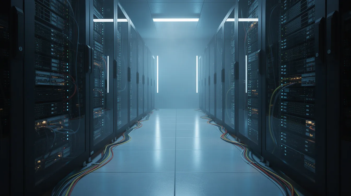 The image depicts a modern server room illuminated by blue LED lights, showcasing rows of advanced network equipment that support various security tools for threat detection and incident response. This environment facilitates security teams in analyzing incoming security data and enhancing their overall security posture against complex threats.