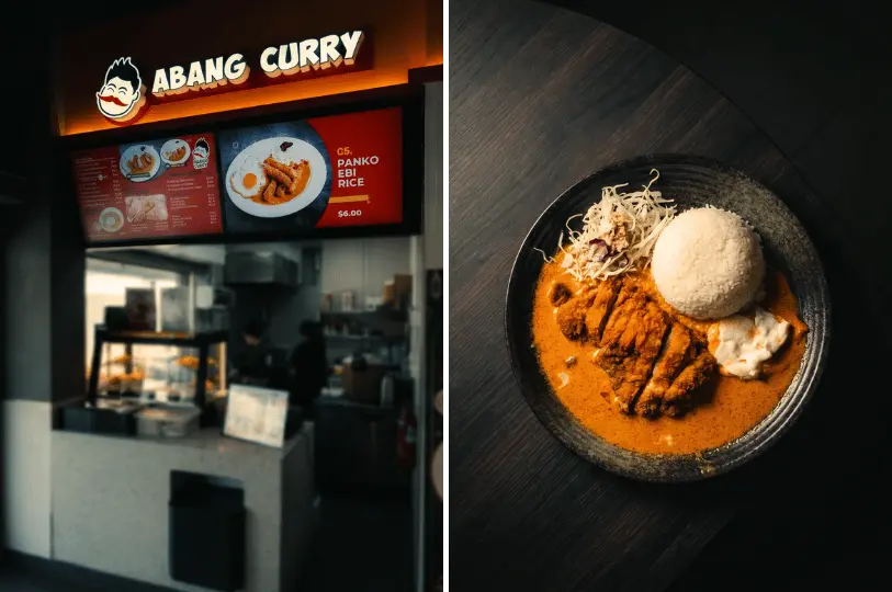 A two-part image showing the brightly lit Abang Curry storefront and menu board on the left, alongside a top-down view of a flavorful curry dish featuring a sliced fried cutlet, a dome of white rice, shredded cabbage, and a dollop of creamy sauce on a dark plate.