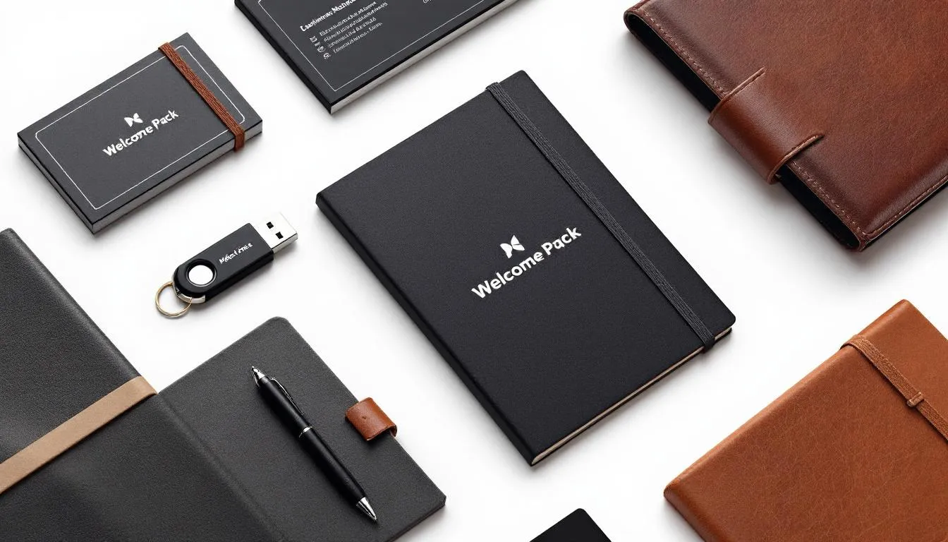 Na białym tle rozłożony jest elegancki welcome pack, zawierający różnorodne gadżety firmowe, takie jak kubki termiczne, metalowe słomki oraz materiały informacyjne, które mają na celu stworzenie pozytywnego pierwszego wrażenia dla nowego pracownika. Zestaw ten, zaprojektowany z myślą o kulturze organizacyjnej firmy, ma znacząco wpłynąć na proces adaptacji nowego członka zespołu.