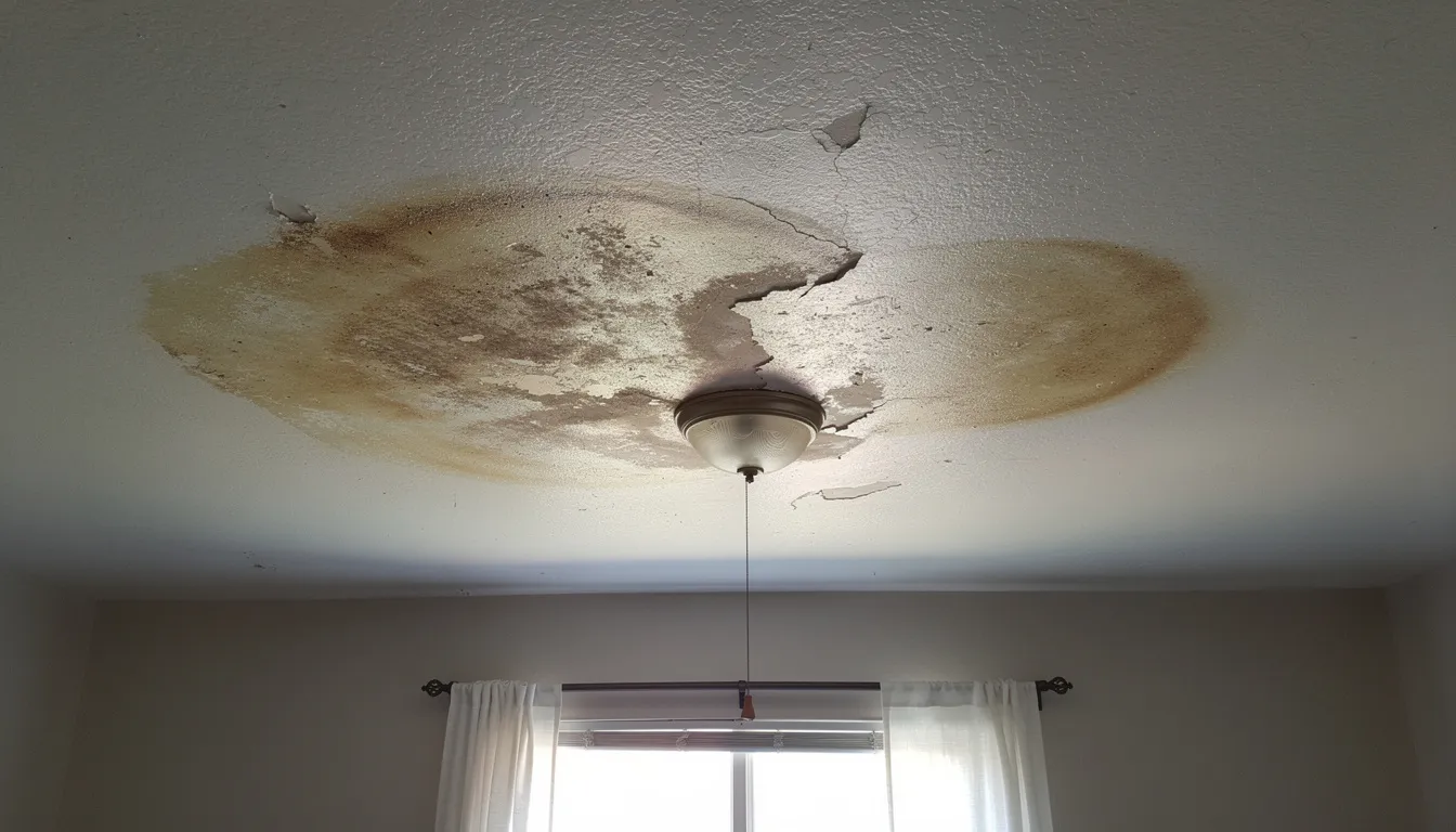 The image shows a water-damaged ceiling in a residential room, featuring visible moisture stains that indicate potential mold growth. This situation may require homeowners to consider their home insurance policy for mold coverage and the importance of prompt mold remediation to prevent further damage.