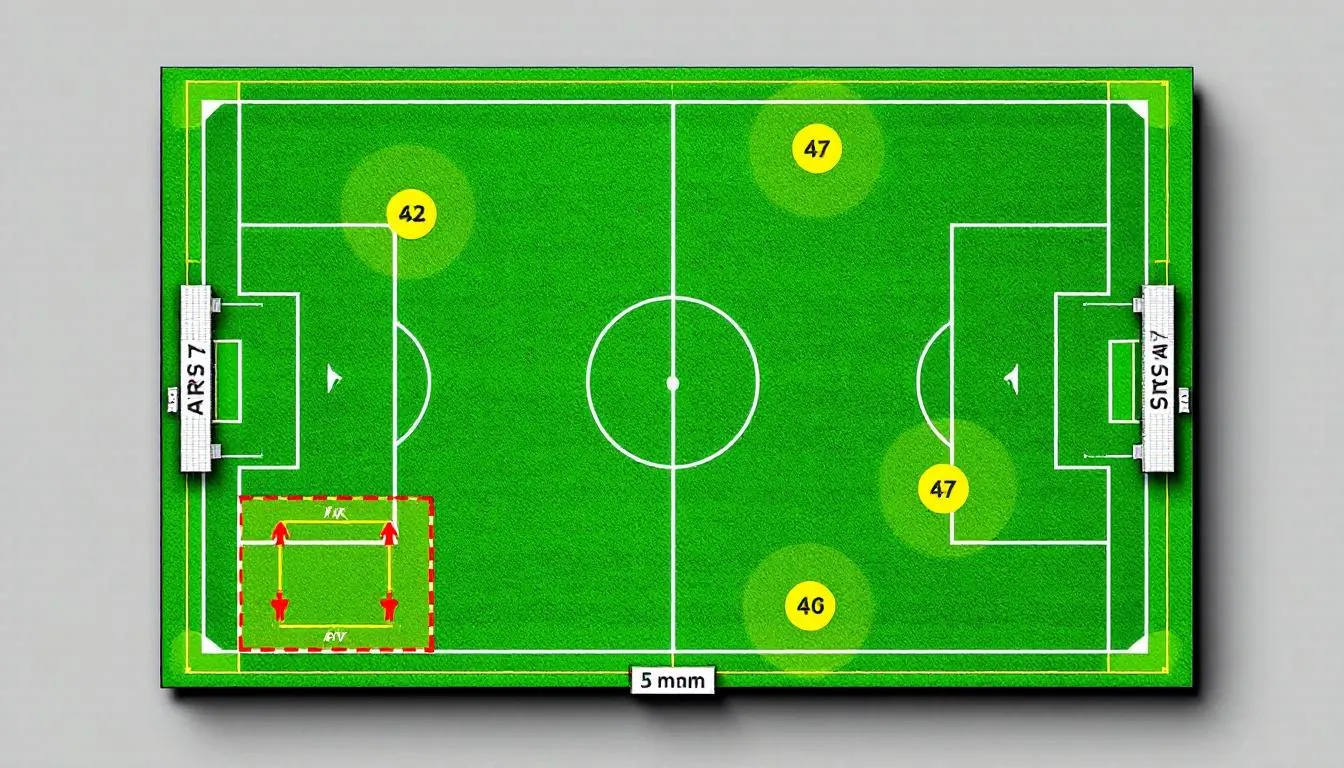 An overhead view of a detailed layout for a 7v7 soccer field.