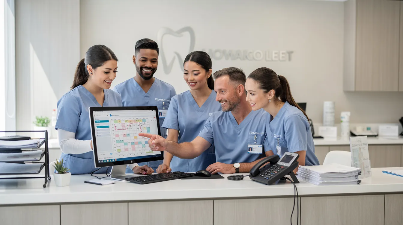 The image depicts a dental office team collaborating at a front desk workstation, where dental professionals are engaged in discussions about patient billing and insurance verification. This teamwork is essential for ensuring accurate billing and improving the financial health of the dental practice.