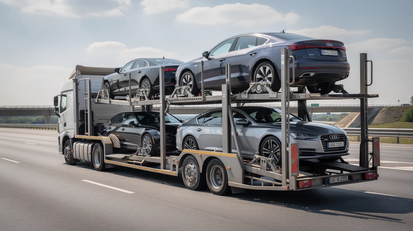 The image shows an open car carrier trailer filled with several sedans and SUVs, showcasing a variety of vehicles ready for transport. This type of auto transport is commonly used by car shipping companies to efficiently move multiple cars at once, offering a reliable and cost-effective solution for vehicle shipping.