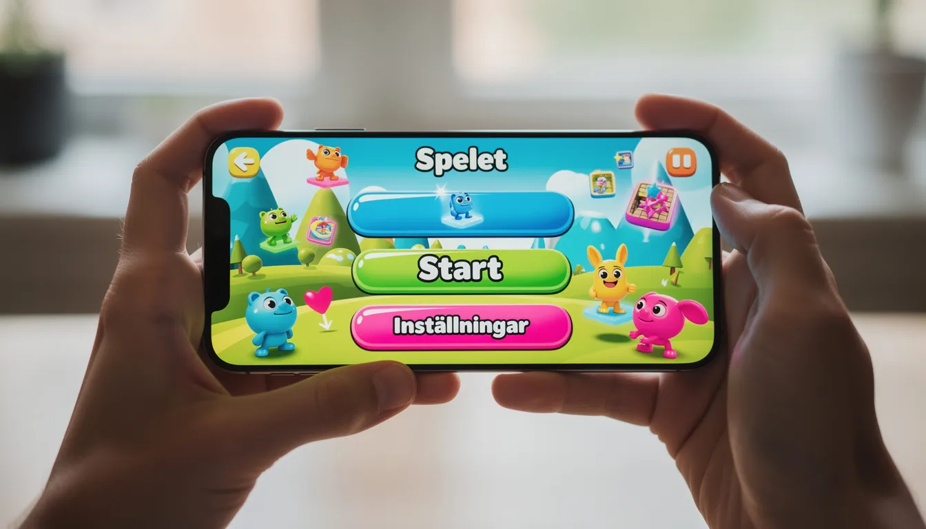 En närbild av händer som håller en smartphone, där skärmen visar ett färgglatt mobilspel med olika symboler och bonusar. Denna bild fångar den spännande gaming experience som erbjuds av elk studios.
