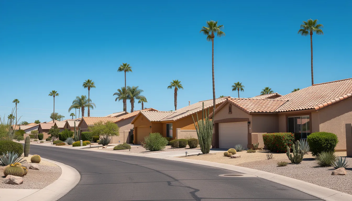 This image depicts a sunny Arizona residential neighborhood featuring houses with Spanish tile rooftops and palm trees, all set against a clear blue sky. The scene reflects the charm of residential roofing, highlighting the durable roofing materials often used in such climates.