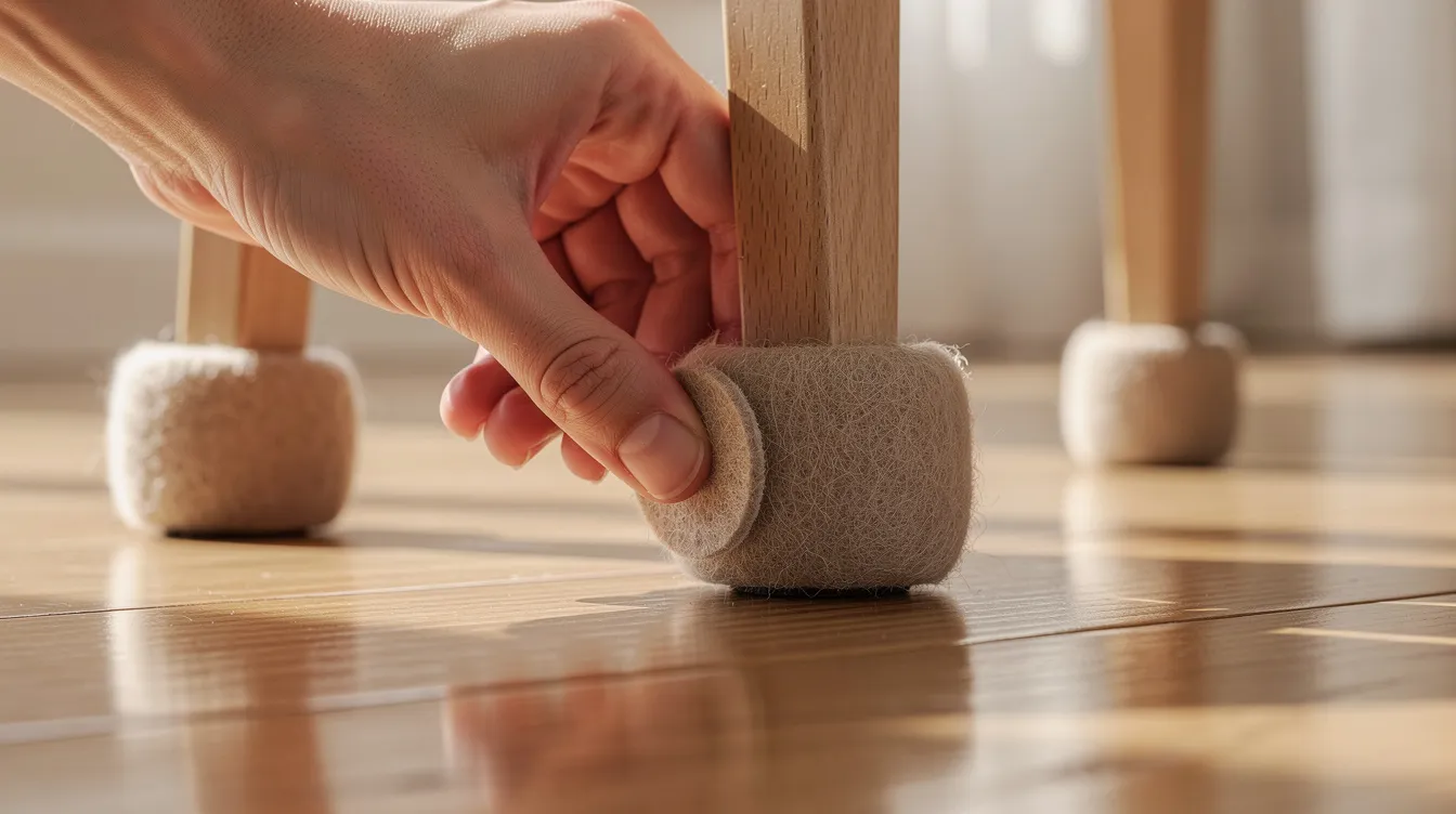 A person is placing felt pads on the bottom of wooden chair legs to protect hardwood floors from scratches and damage. This maintenance tip helps maintain hardwood floors in good shape, especially in high traffic areas.