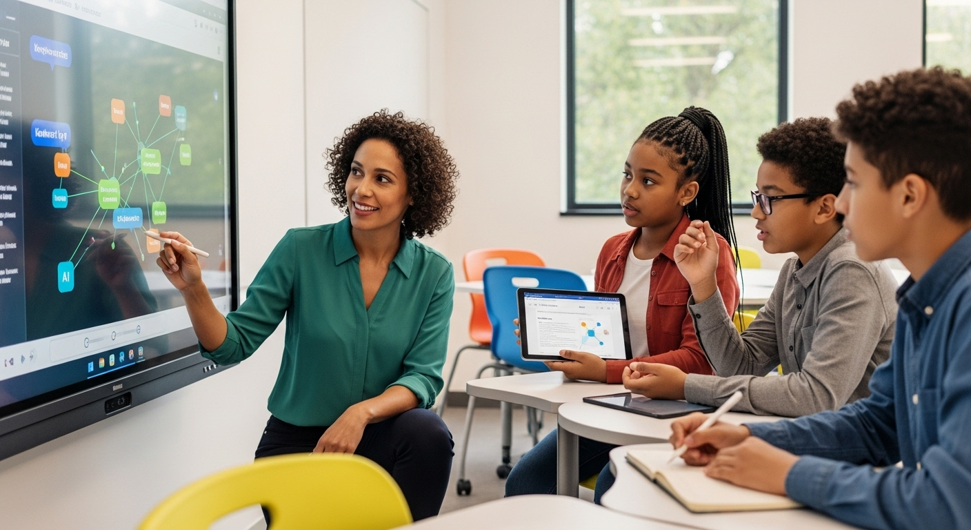 Teacher using AI-powered classroom tools while coaching students in small group discussions