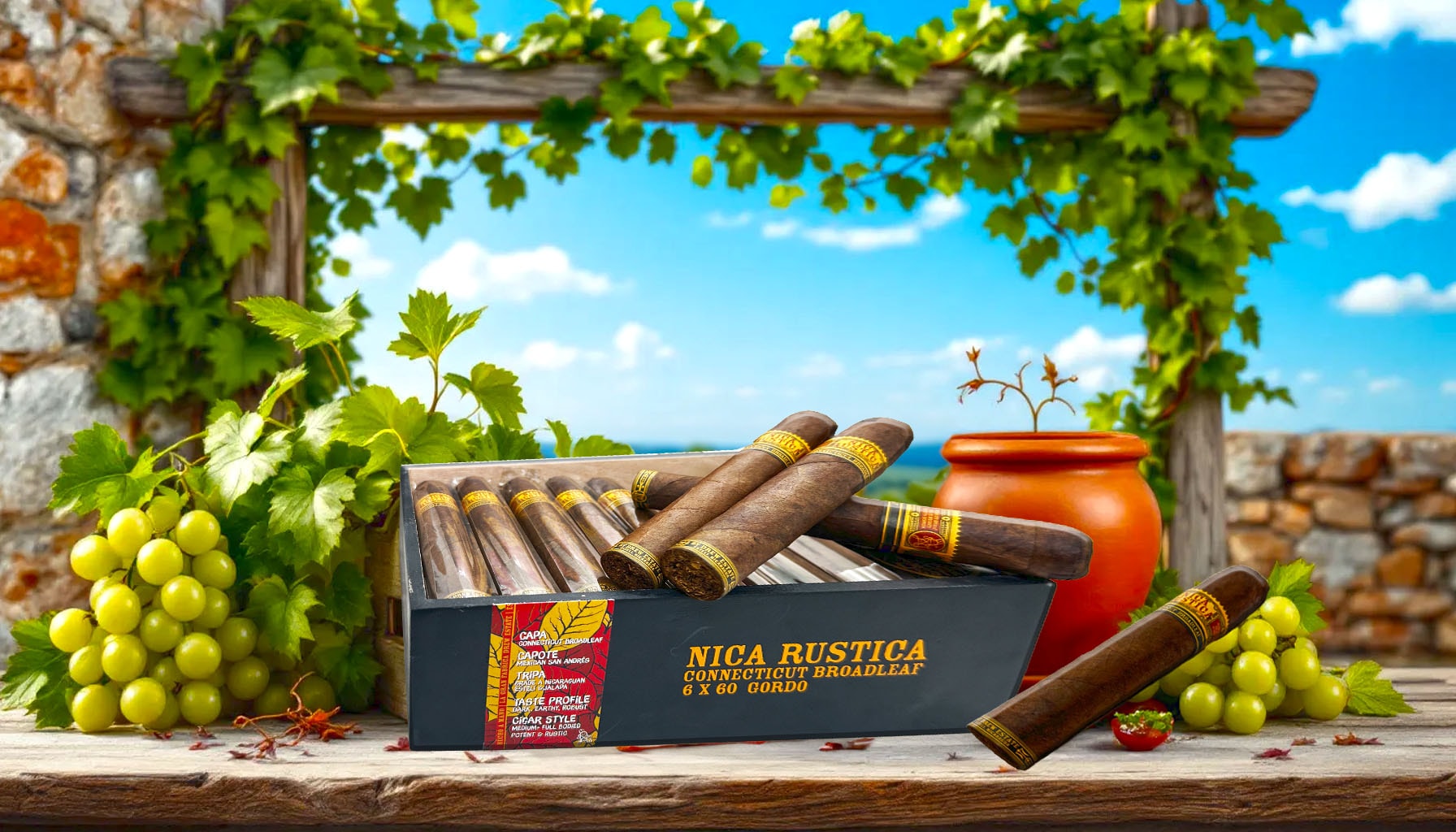 Packaging and presentation of Nica Rustica cigars.