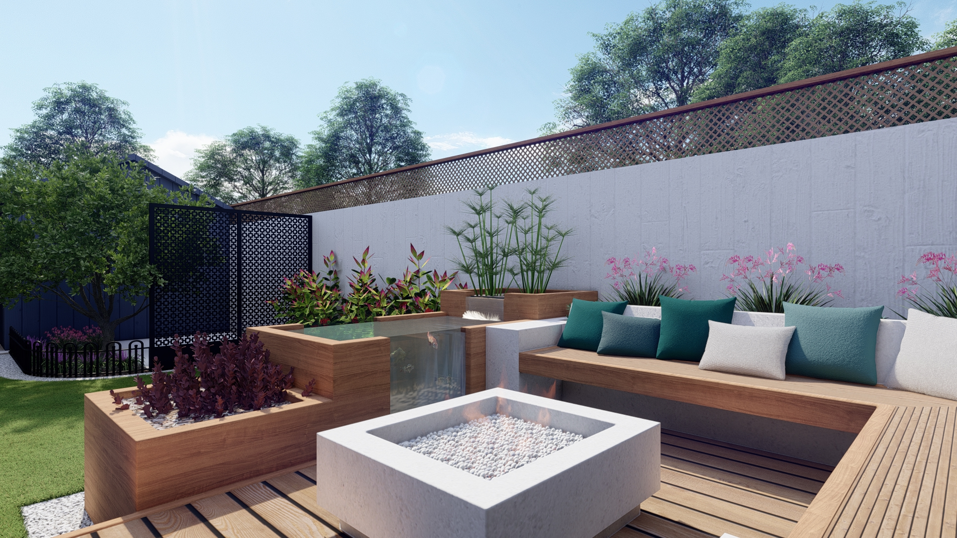 built in seaating area on a deck