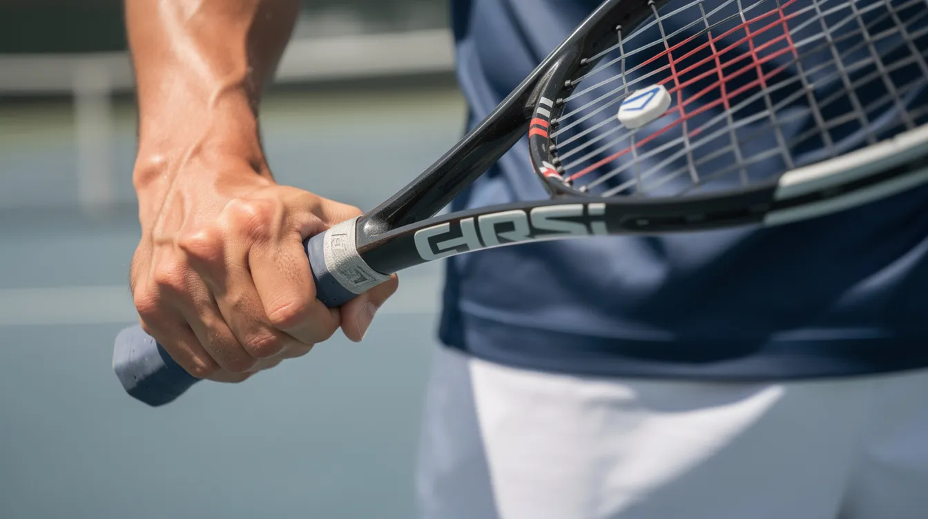 A close-up image shows a tennis player's hands gripping a racquet in the continental grip position, ready to execute a precise shot. The focus on the grip highlights the technique necessary for hitting drop shots and controlling the ball effectively during gameplay.