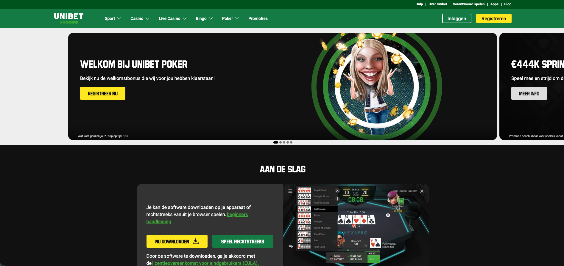 Screenshot van Unibet Poker, een platform waar spelers online poker in Nederland kunnen spelen, strategieën toepassen zoals positie aan tafel gebruiken en tegenstanders observeren, en pokervarianten spelen naast grote sites zoals GGPoker.