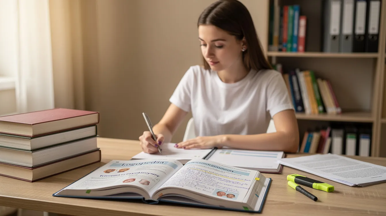 Studentka logopedii siedzi przy biurku, wypełniając dokumentację związaną z praktykami, otoczona książkami i notatkami. W jej notatkach znajdują się przykłady wpis&oacute;w do dziennika praktyk oraz obserwacje dotyczące terapii dzieci i uczni&oacute;w.