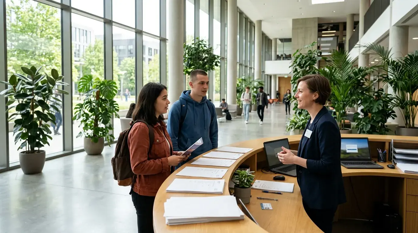 Two students at a university international office desk checking enrolment and visa dates