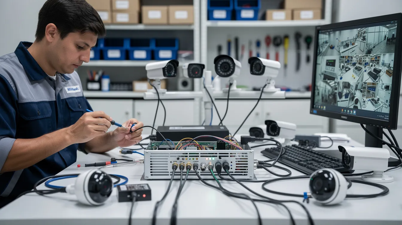 A technician is focused on assembling and testing a mobile digital video recording (MDVR) system at a workbench, where multiple cameras are connected to ensure complete video coverage for fleet vehicles. The setup includes advanced driver assistance system components, highlighting features like real-time video streaming and driver monitoring to enhance safety for fleet operators.