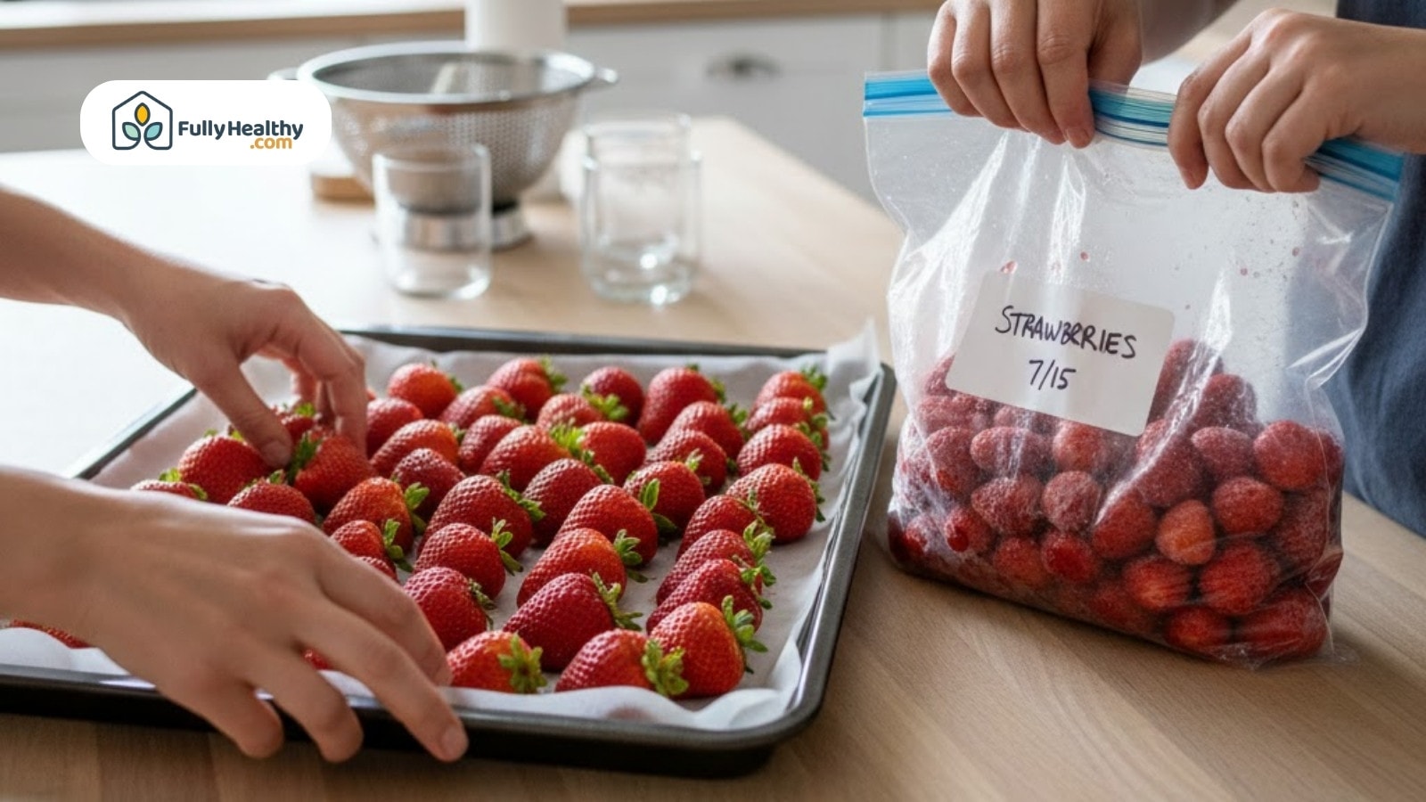 Freezing strawberries on baking tray before sealing into labeled freezer bag