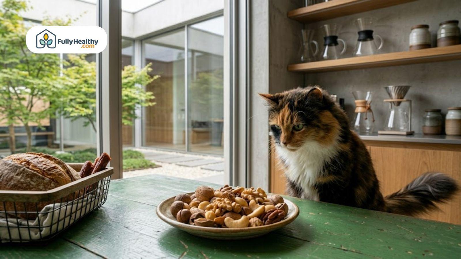 Long-haired cat sitting near a plate of assorted nuts on a table in a bright kitchen.