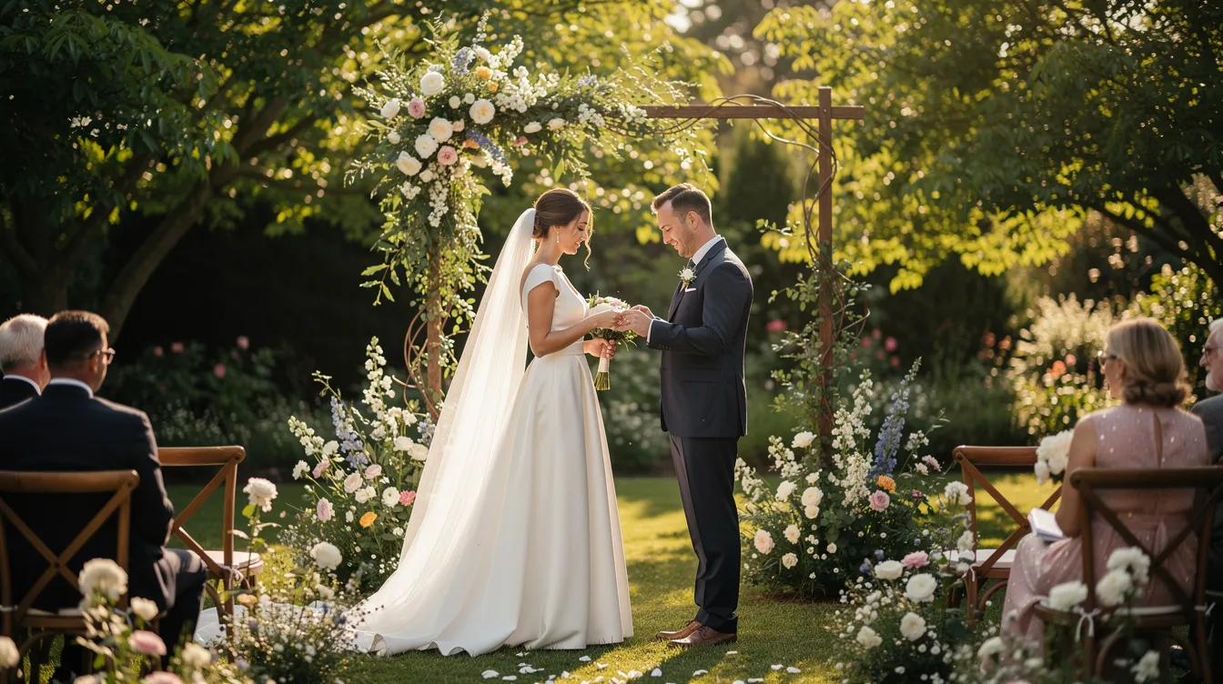 Het bruidspaar staat hand in hand tijdens een intieme ceremonie in een prachtige tuin, omringd door bloemen en gasten. De buitengewone ambtenaar van de burgerlijke stand leidt de officiële huwelijksvoltrekking, waarbij persoonlijke verhalen en liefde centraal staan.