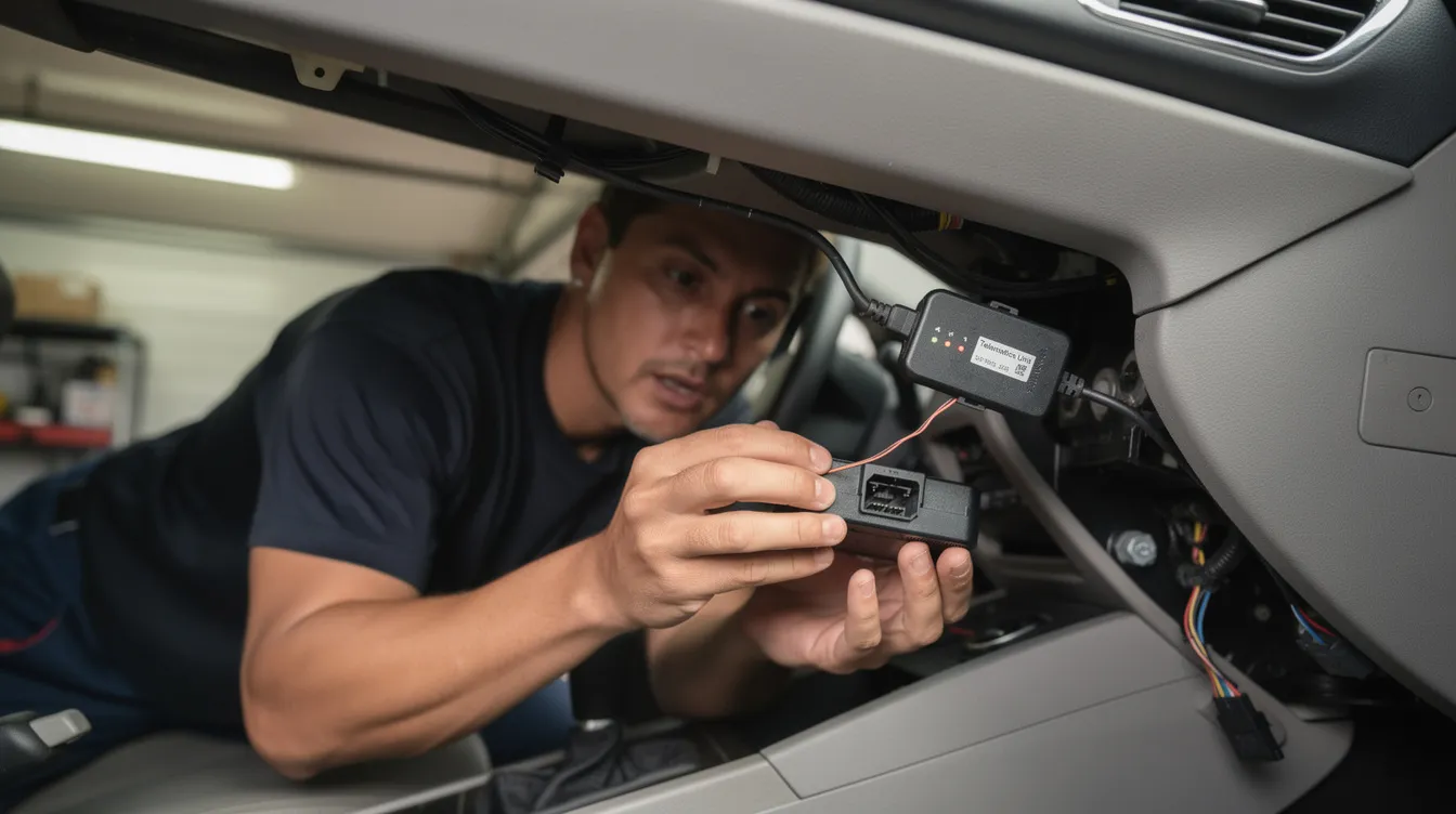 Professional Geotab Telematics Integration: A technician is seen carefully installing a small telematics device beneath a vehicle dashboard, which will help fleet managers monitor vehicle data, improve fuel efficiency, and enhance overall fleet performance. 