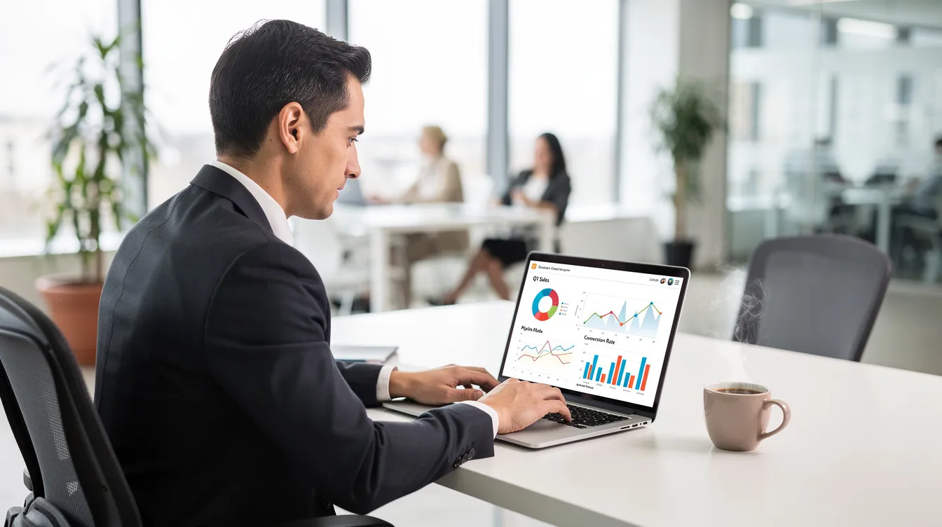 A sales professional is intently reviewing a laptop dashboard filled with customer data and sales metrics, while a coffee cup sits nearby in a bright office setting on a Monday morning. The scene reflects a focus on improving customer engagement and sales productivity through the use of AI sales tools and data analysis.