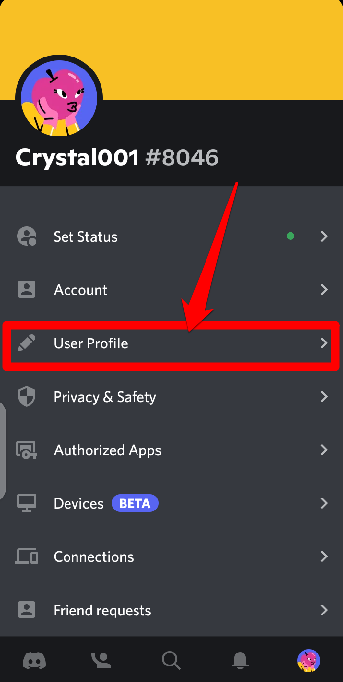 Screenshot showing the user profile tab on Discord mobile