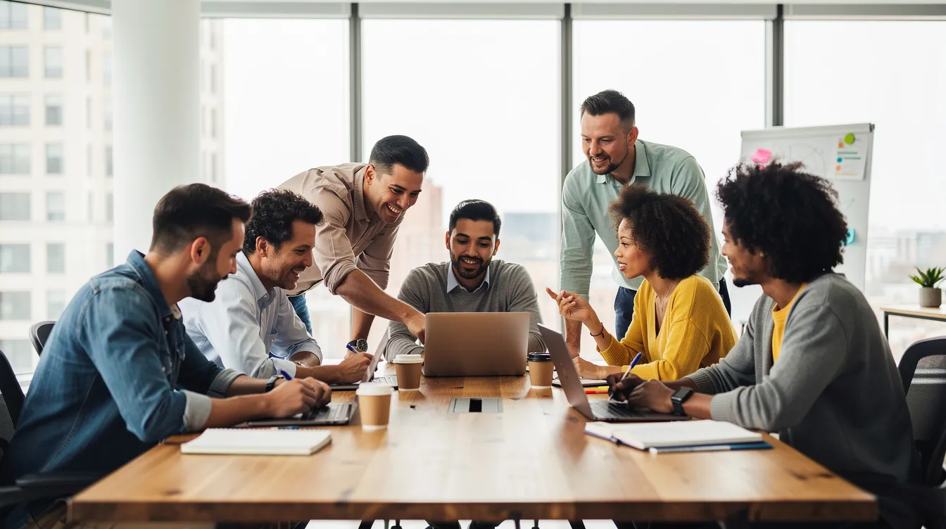 Une équipe diversifiée est réunie autour d'une table de travail dans un bureau lumineux, illustrant la collaboration et la communication au sein d'une entreprise. Cette image met en avant l'importance de la gestion de projet et des compétences variées pour atteindre la performance et la réussite collective.