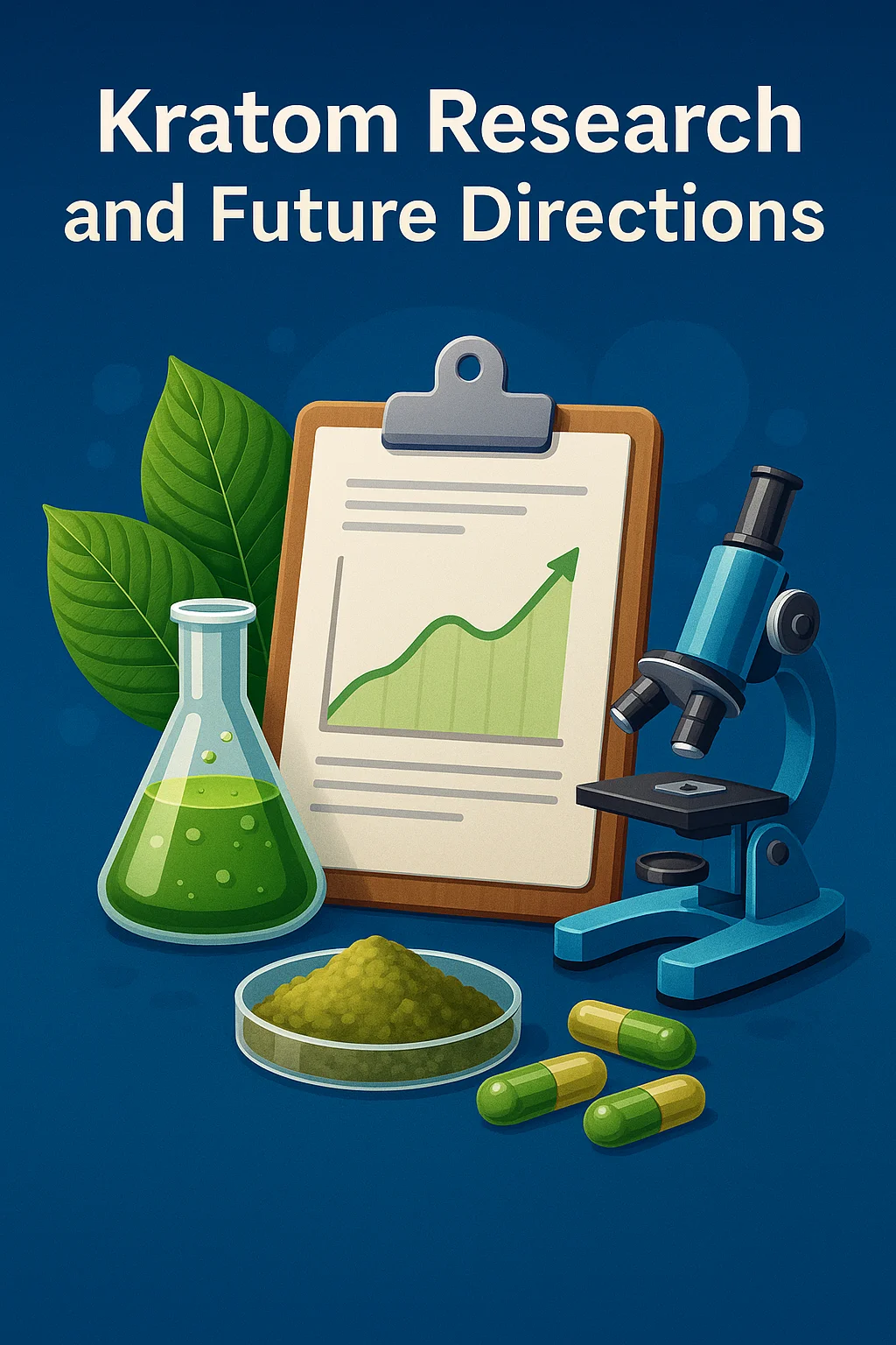 Yellow Kratom Explained: Unlocking the Mysteries of Yellow Vein Kratom Effects and Benefits 9 "Infographic titled 'Kratom Research and Future Directions' featuring a clipboard with a rising graph, a laboratory flask with green liquid, a microscope, kratom capsules, kratom powder in a dish, and green kratom leaves in the background."